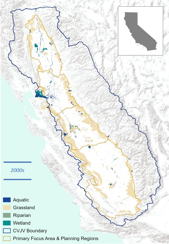 Map depicting existing aquatic, grassland, riparian and wetland habitat within the Primary Focus areas and Planning Regions during the 2000"s. The map also depicts the larger CVJV boundary.