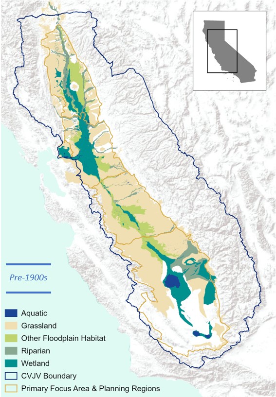 Map depicting existing aquatic, grassland, riparian and wetland habitat within the Primary Focus areas and Planning Regions pre-1900's. The map also depicts the larger CVJV boundary.