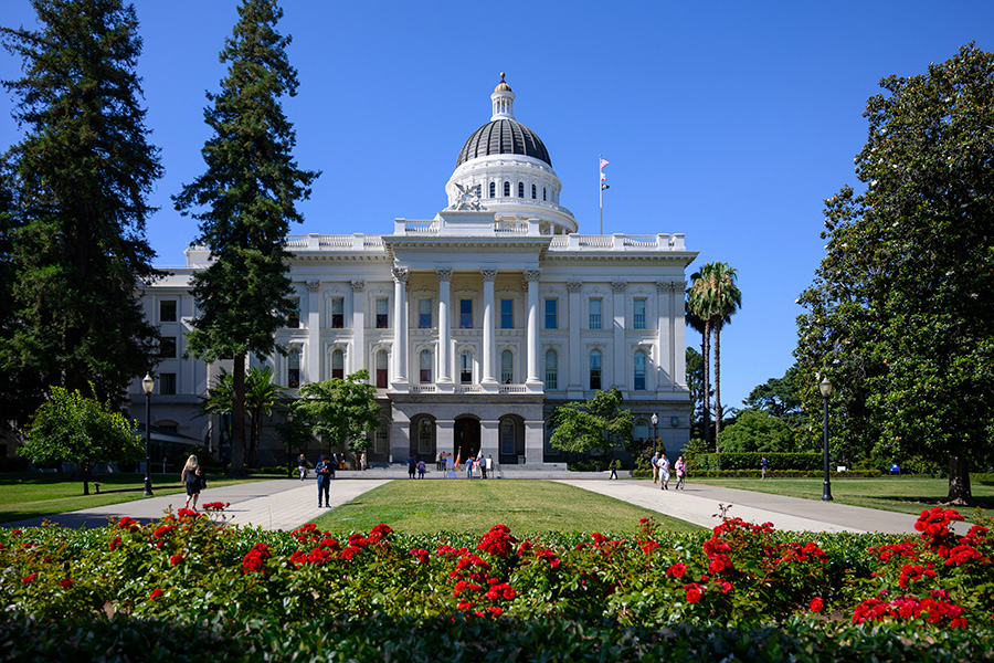 California's Capital building with red roses in the foreground and a bright blue sky.