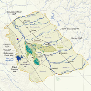 San Joaquin Basin Map showing major highways, waterways, towns, and protected areas.