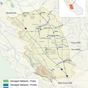 Tulare Basin Map showing major highways, waterways, towns, and protected areas.