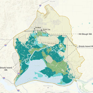Suisun Basin Map showing major highways, waterways, towns, and protected areas.